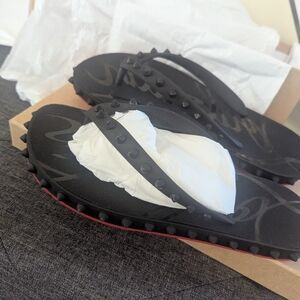 Christian Louboutin Black Studded Rubber Flip Flop Sandals with Red Soles
